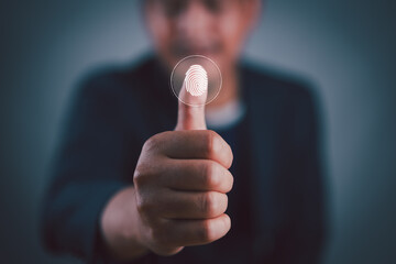 Thumbs up with virtual fingerprint to scan biometric identity and access password thru fingerprints for technology security system and prevent hacker concept.