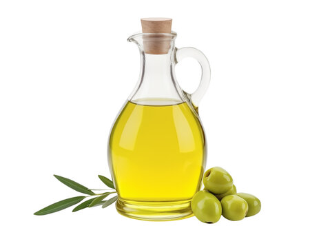 Isolated olive oil bottle with olives on transparent background, mediterranean cooking concept