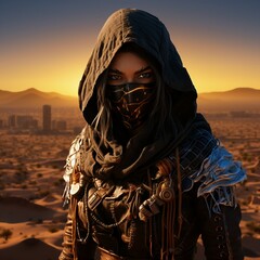 Background, cyberpunk style image, portrait of a person in desert