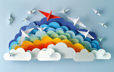 Paper orgami art of colorful paper airplanes - obrazy, fototapety, plakaty