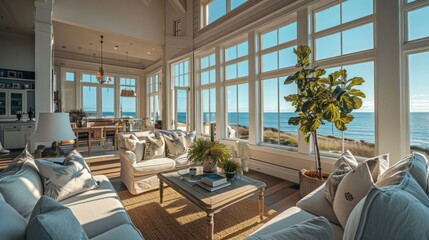 Fototapeta premium the coastal elegance of a Cape Cod-style residence overlooking the ocean, capturing the essence of seaside living