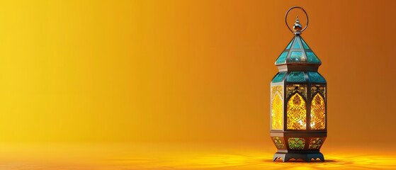 Fototapeta na wymiar Arabic lantern for Ramadan on right side. isolated on yellow background. copy space concept, mockup. 