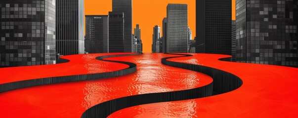 Crimson Cityscape: A Red Floor Perspective