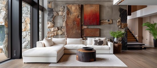 The living room is brimming with various furniture pieces, while a striking stone wall adds a raw and elegant touch to the modern interior design.