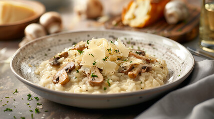 A bowl of creamy risotto with wild mushrooms and parmesan shavings