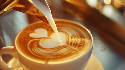 Elegance of coffee making, Milk stream curving into a heart shape on coffee