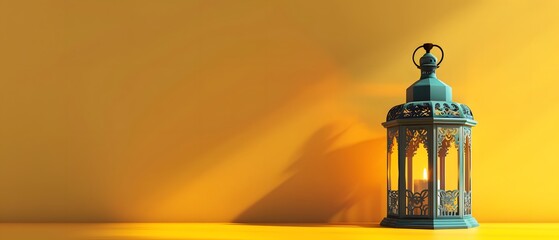 Fototapeta na wymiar illuminate Arabic lantern for Ramadan, isolated on yellow background. copy space concept, mockup. 