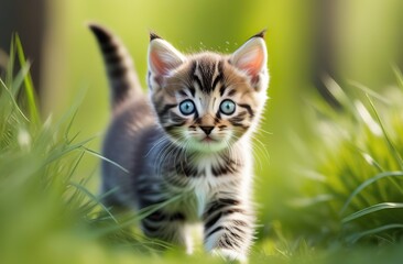 Naklejka na ściany i meble Funny little tabby kitten walking in the wild. Cute kitty with big green eyes looking up in grass in forest. Banner with cat on nature outdoors 