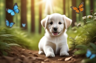 Smiling puppy with butterflies in the forest