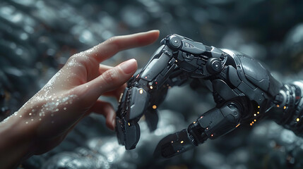 someone is touching a robot's hand with a finger