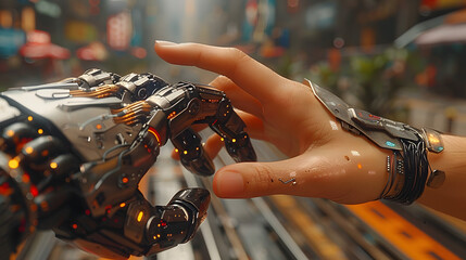 someone is touching a robot's hand with a finger - obrazy, fototapety, plakaty