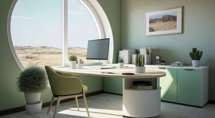 Modern Home Office with Green Accents and Nature Art