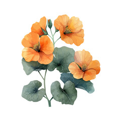 Watercolor Painting of nasturtium flower with leaves, isolated on a white background, Illustration Drawing  & Graphic vector, clipart.