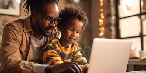 Modern family. Man bearded black american father and son with laptop on a table. Ecology upbringing. Father teaches son use modern technology. Generative ai Photo