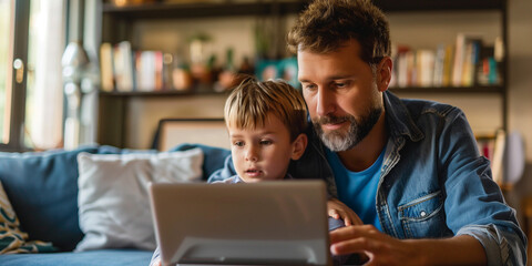 Fototapeta premium Modern family. Man bearded father and son with laptop on a table. Ecology upbringing. Father teaches son use modern technology. Generative ai Photo
