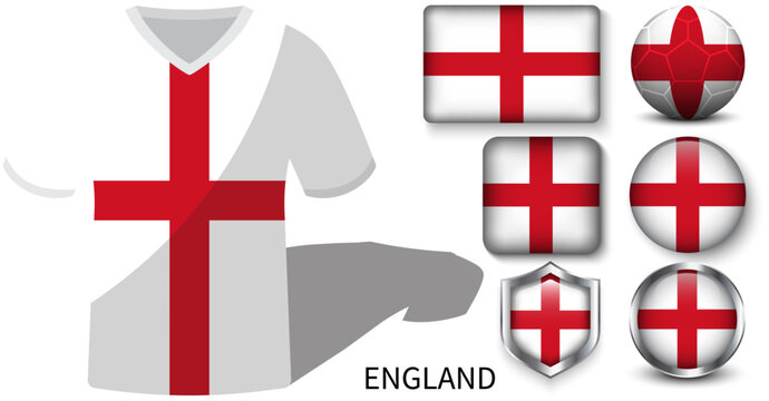 The football jerseys of England, various flags of England