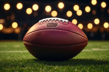 A football is on the field with lights in the background