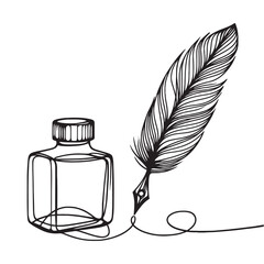 Inkwell and pen continuous line drawing. One line feather with ink vector illustration.