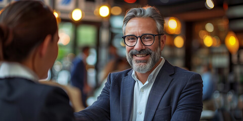Bearded middle-aged confident  businessman, CEO, teacher  wearing glasses looking at camera with a serious expression in a close up head and shoulders portrait generative ai  - Powered by Adobe