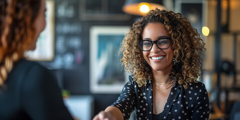 Smiling confident  black american businesswomen looking at the camera. Happy Hispanic woman wears glasses posing in office backgound Close up headshot portrait.