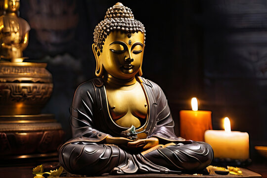 A gold statue of a Buddha is sitting on a table with candles and a bowl