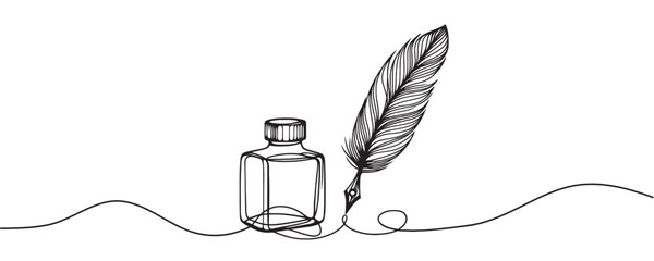 Inkwell and pen continuous line drawing. One line feather with ink vector illustration.