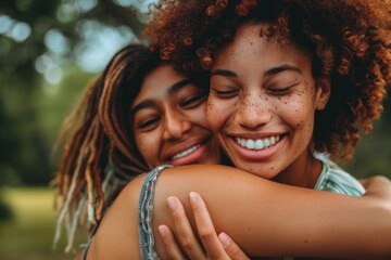 Two women sharing a heartfelt embrace in a serene park, expressing feelings of love and support