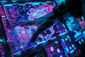 Technology, human hand, map on a computer screen, north america, pointing generative AI Arte com IA - obrazy, fototapety, plakaty