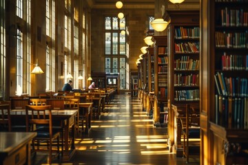 Explore a vast library filled with countless books under the warm glow of tall windows - obrazy, fototapety, plakaty