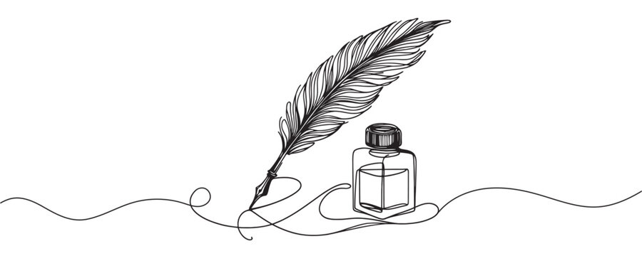 Inkwell and pen continuous line drawing. One line feather with ink vector illustration.