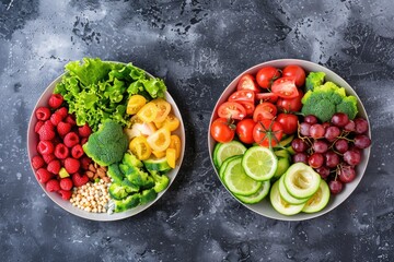 Two bowls overflowing with colorful and diverse fruits and vegetables, showcasing a variety of textures and flavors