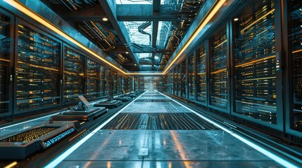 the concept of secure data storage with a visually appealing image of encrypted servers and digital vaults in a futuristic data center