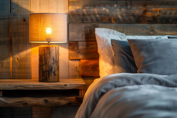 Rustic Bedside Ambiance. Close-up of a rustic bedside table with warm lamp light and cozy bedding.