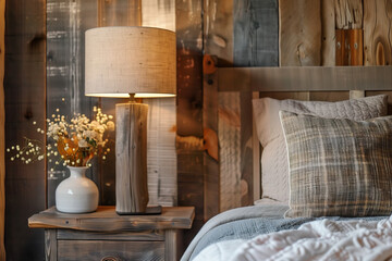 Rustic Charm Bedroom with Wooden Lamp. Cozy bedroom with wooden lamp and vase, plaid pillow, and rustic paneled backdrop.
