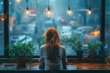 A young woman in a contemplative pose gazes out of a window at a bustling cityscape in the distance