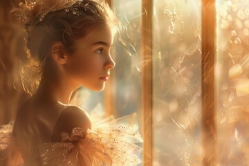 A young girl in ballet attire gazes thoughtfully out of a window
