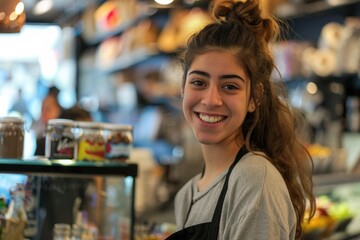 A cheerful young woman stands in front of a restaurant counter, ready to take orders and provide excellent customer service