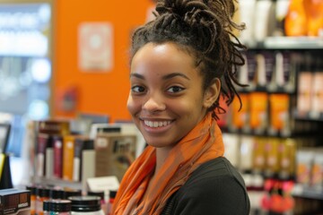 A stylish woman in a colorful scarf stands inside a cozy store, exuding elegance and fashion sense