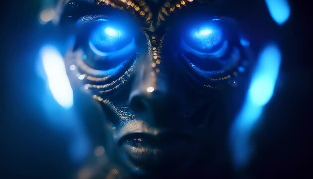 Surreal bronze creature with bright glowing neon eyes. Close-up of a metal golem on neon blue background.  Fantastic humanoid being dwelling in parallel dimension. Bronze man in bizarre otherworld.
