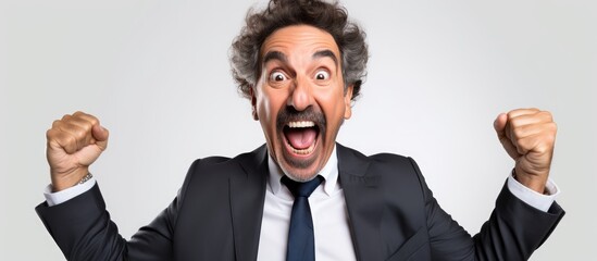 A middle-aged business man wearing a suit and tie stands against a white background with a surprised look on his face. His arms are raised in celebration, and his eyes are wide open, showing amazement - obrazy, fototapety, plakaty