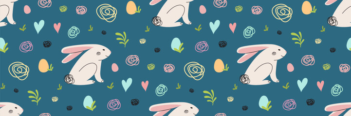 Easter rabbit blue seamless pattern. Colorful eggs, modern bunnies, and abstract doodles, scribble.