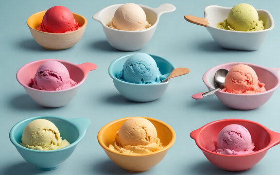  Colorful ice cream scoops in bowls and spoons on pink background  
