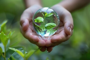 A person delicately holds a glass ball containing a vibrant plant, creating a whimsical and enchanting scene