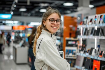 A young woman stands in a store, her face adorned with a beaming smile as she explores the products around her