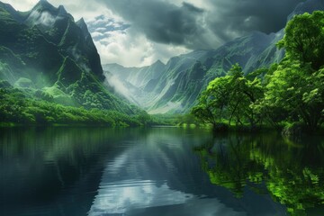 A peaceful painting depicting a mountain lake surrounded by lush green trees, creating a tranquil and serene atmosphere