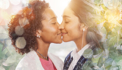 Two lgbt women are kissing each other and sharing a passionate and intimate moment
