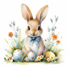 Watercolour illustration of a cute Easter bunny with painted eggs and flowers, cartoon character isolated on white background.