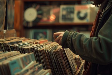An individual holding a towering stack of vintage records in a room filled with musical memorabilia