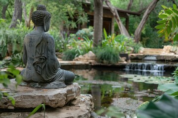 A serene Buddha statue rests atop a majestic rock overlooking a tranquil pond, radiating peace and contemplation