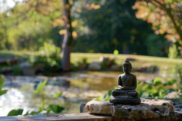 A small Buddha statue peacefully sits atop a rock, exuding calm and tranquility - Powered by Adobe
